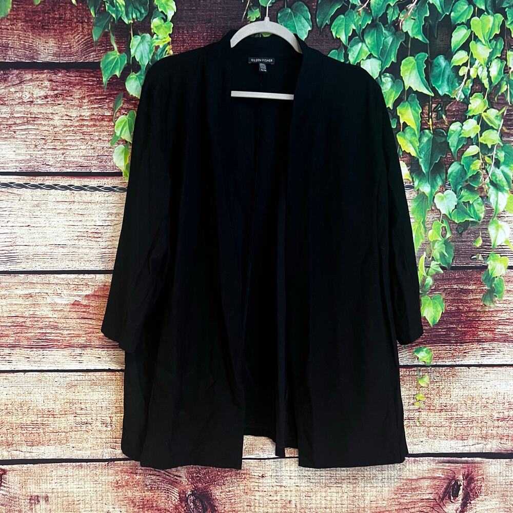 Eileen Fisher Longline Cardigan XL Black Sweater Open Front Viscose Nylon Work